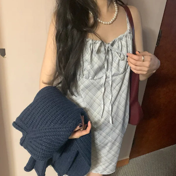 Checked Shirred Ribbon Camisole Dress