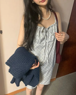 Checked Shirred Ribbon Camisole Dress