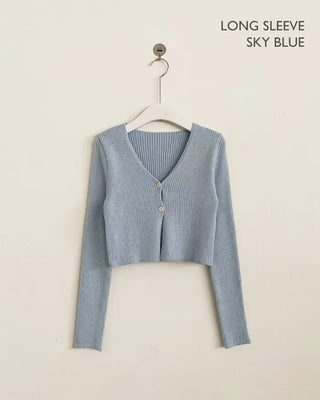 (Short-sleeved/Long-sleeved) Pastel Cropped V-neck Slim Button Ribbed Cardigan