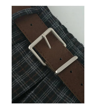 Belted wool check pattern pleated midi skirt (2 colors)