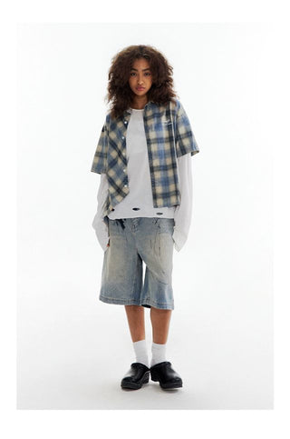 CONP Asymmetric bias-cut plaid shirt (blue)