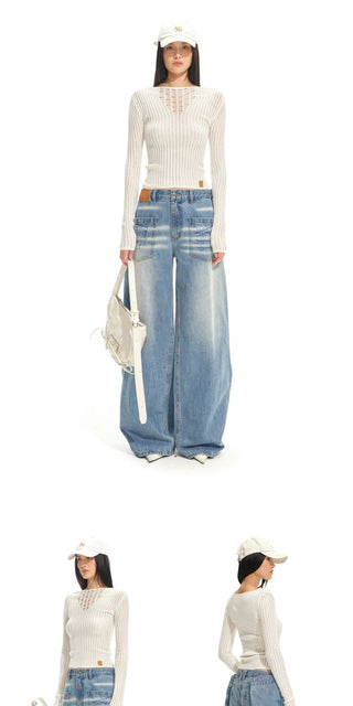 [NOTAWEAR] Wool Blend V-Neck Openwork Knit  Top