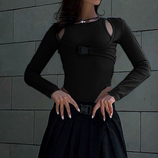 Long sleeve hollow out buckle crewneck bodysuit