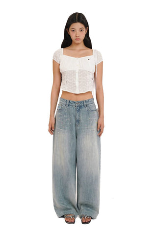 [Moromoro2] Rhinestone Bow Embroidered  Denim