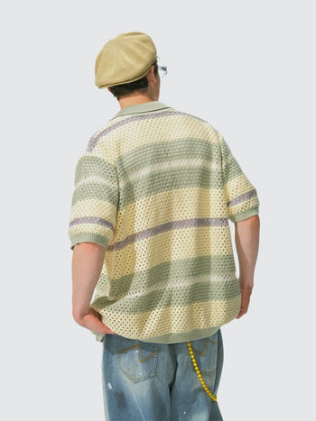 [Monterest] Open Knit Striped Short Sleeve Cardigan