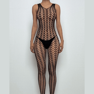 U neck sleeveless hollow out fishnet bodystocking