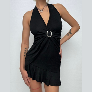 Halter v neck ruffle buckle backless mini dress