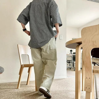 Linen check open collar shirt