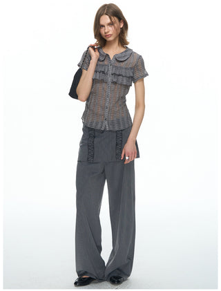 [NECY] Pin Stripe Ruffle Lace Skirt Pants