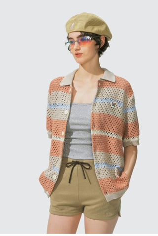 [Monterest] Open Knit Striped Short Sleeve Cardigan