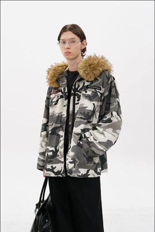 [MASONPRINCE] Camouflage Fur Collar Oversized Parka Coat