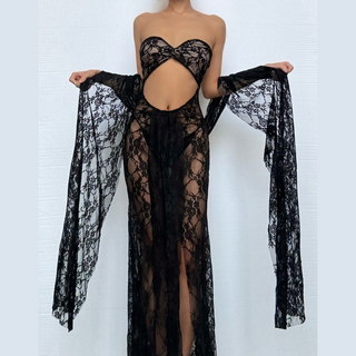 Lace sweetheart neck hollow out slit cut out maxi dress