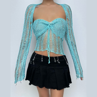 Halter knotted crystal pendant shrug hollow out ruched pant set