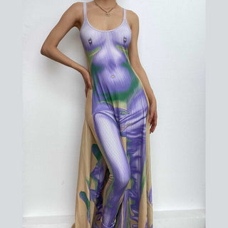 Body pattern u neck ruffle backless contrast cami maxi dress-final-sale