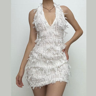 Deep V neck halter self tie backless zip-up mini dress