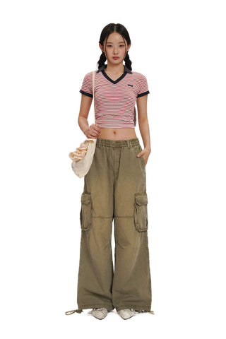 [Moromoro2] Gradient Washed Wide Leg Cargo  Pants
