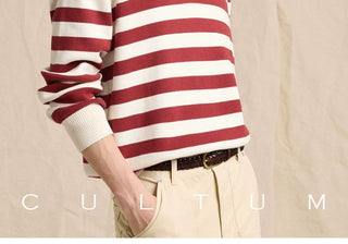 [CULTUM] Cotton Striped Open Collar Knit Sweater