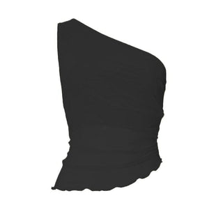 Sleeveless one shoulder ruched ruffle mesh top