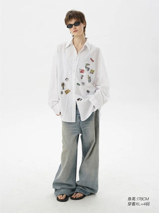 [MASONPRINCE] Cotton Striped Shirt with Sticker Print