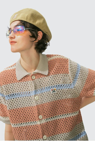 [Monterest] Open Knit Striped Short Sleeve Cardigan