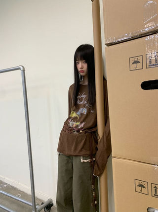 [NEVERSEEZ] Linen Blend Layered Neckline Long Sleeve Tee