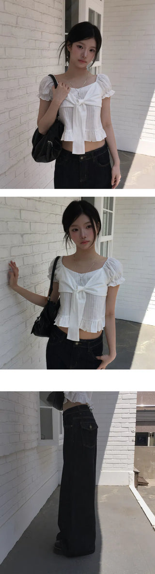 Ribbon Knot Puff Crop Blouse - 3 Colors