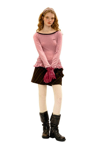 [Moromoro2] Off-Shoulder Ruffle Hem Long Sleeve  Top