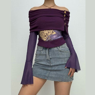 Long flared sleeve irregular mesh patchwork print top