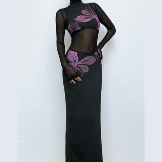 Long sleeve high neck beaded mesh slit midi dress