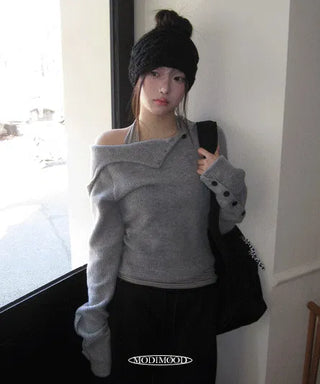 Curling Button Hood Button Knitwear Ribbed Hoodie - 4 colors