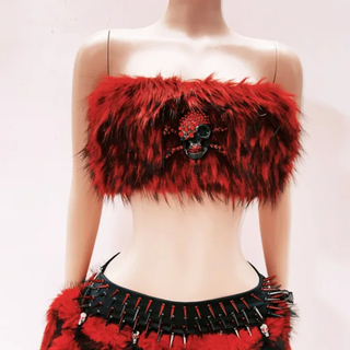 Fluffy skull applique zip-up lace hem tube top