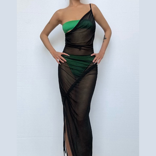 Drawstring mesh one shoulder 3 piece tube short pant set