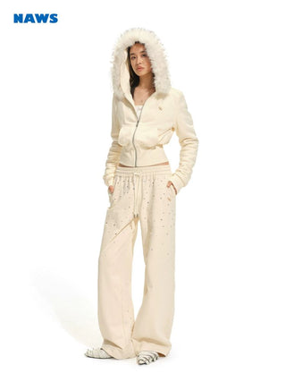 [NOTAWEAR] Fur Collar Hooded Zip-Up  Sweatshirt