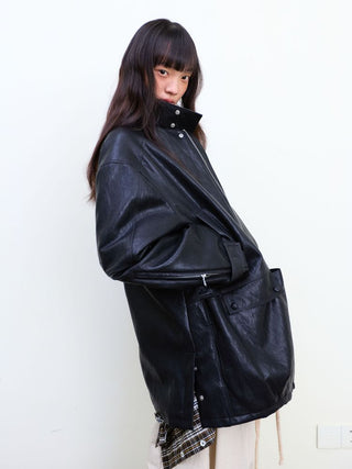 [NeverSeez] Padded PU Leather Trench Coat