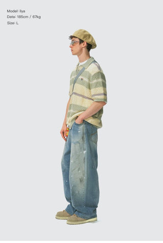 [Monterest] Open Knit Striped Short Sleeve Cardigan