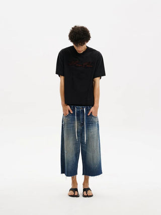 [MASONPRINCE] Studded Script Embroidery Wide Jeans