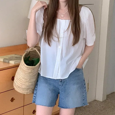 Shirred short-sleeved blouse