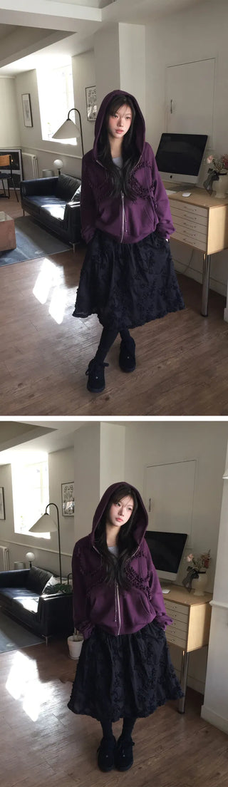 Fur-free lace frill hooded top - 2 colors