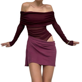 Off shoulder hollow out mesh patchwork cut out mini dress