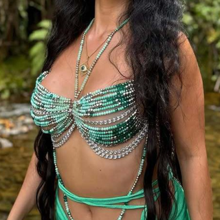 Metal chain beaded halter backless top