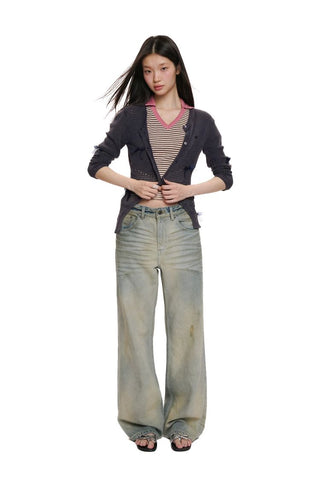 [Moromoro2] Washed Pleated Wide Leg Jeans