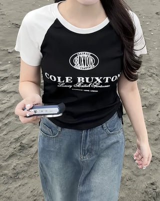 String lettering raglan short-sleeved T-shirt