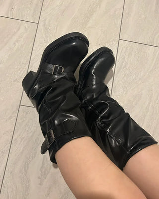 Buckle Point Leather Mid-Calf Boots