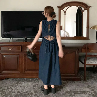 Back Shirred Open Denim Dress