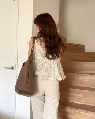 Checked Ribbon Sleeveless Blouse