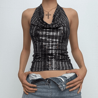 Textured cowl neck halter backless crop top