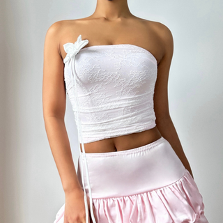 Ruched flower applique lace tube top