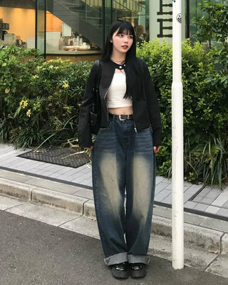 Flap pocket washed denim pants