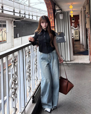 Washed wide-leg denim pants