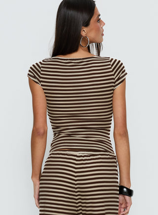 Angellina Jersey Button Down Top Chocolate  Cream Stripe